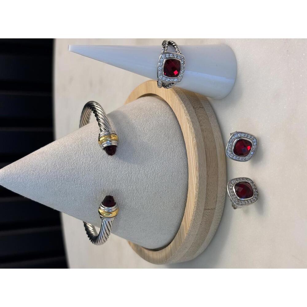 Silver Tone Bracelet, Ring and Red Gemstone Earrings Set